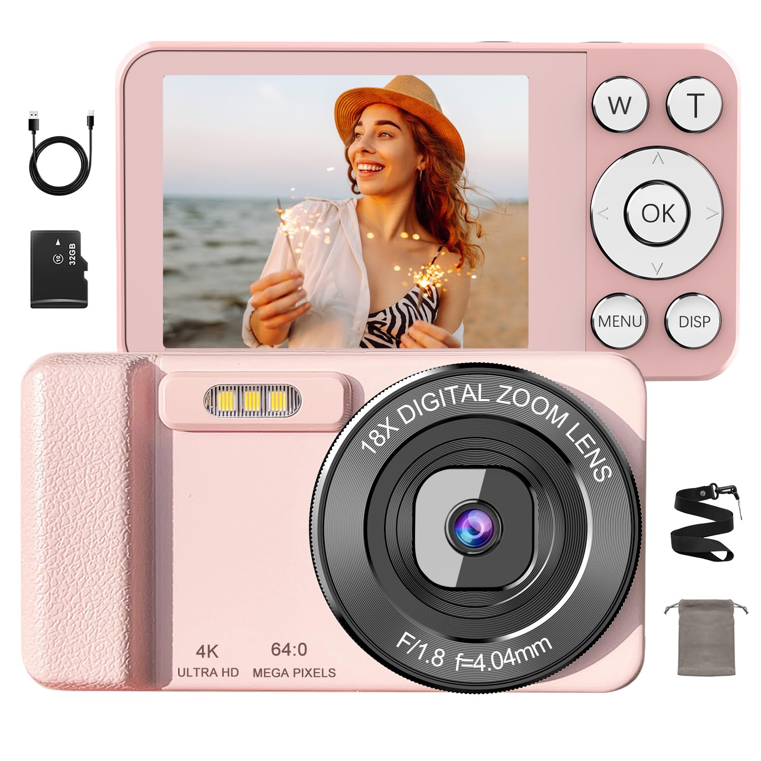 

New Model 4K Digital Camera with 64MP Large 18x Digital 20 LED Continuous Loop USB Tripod Webcam School Japanese Instruction 32GB Card Included [2025 рожевий
