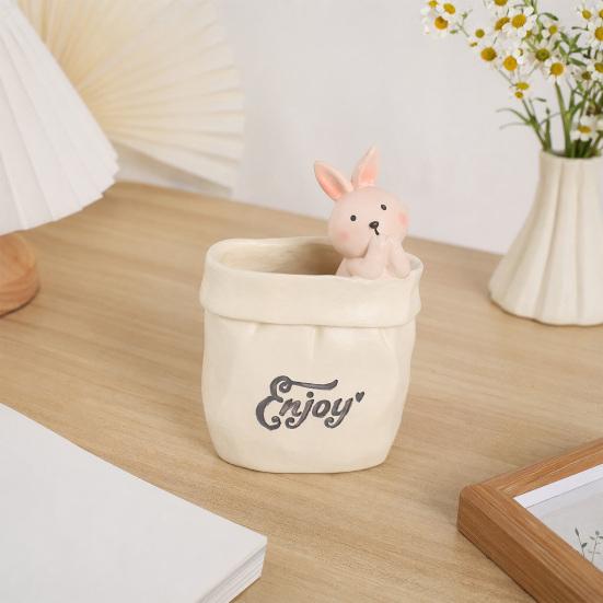 Xiaobudian Wrinkled Paper Bag Pen Holder with Animal Decor, Resin Desk Organizer & Succulents Planter, Cute Stationery Gift for Students Office