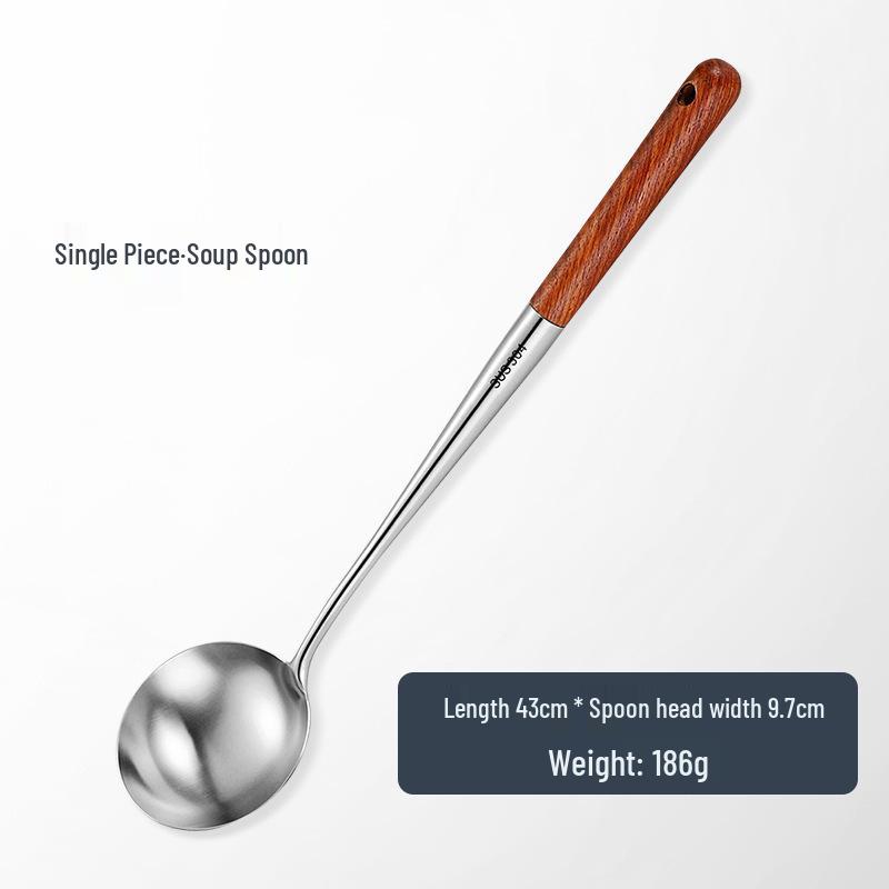 304 Stainless Steel Spatula Set with Long Wooden Handle: Anti-Scald Slotted Spoon for Home Cooking and Stir-Frying.