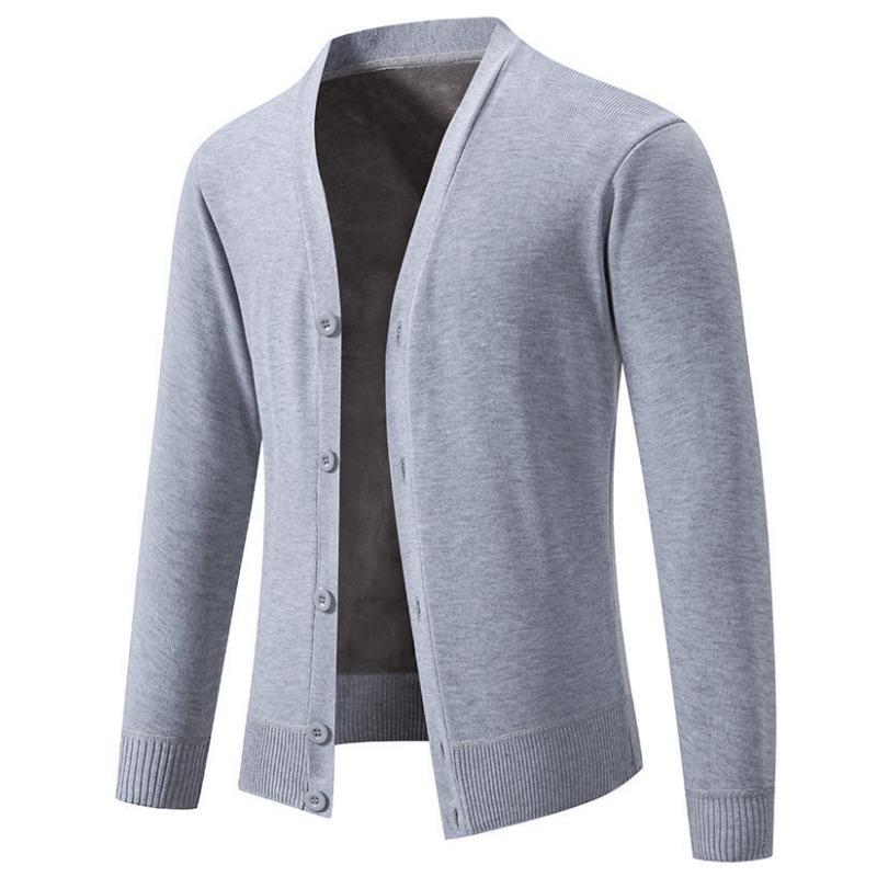 Men Slim Fit Fleece Knit Long Sleeve Cardigan Solid Color Casual