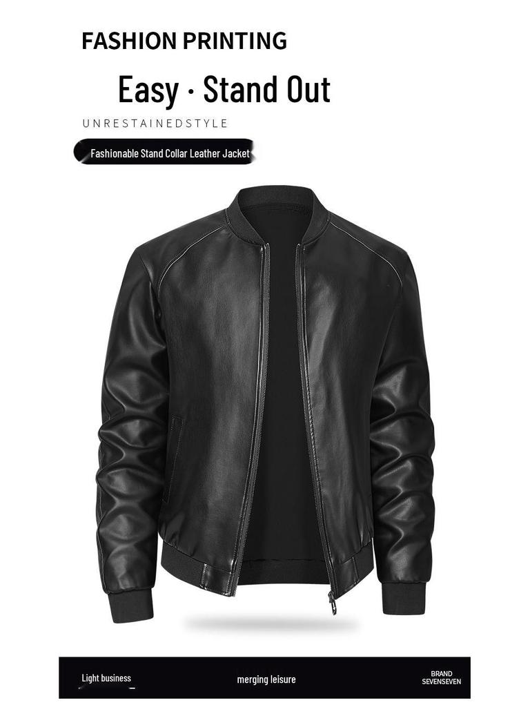 Men's Stand Collar Motorcycle Leather Jacket - Spring/Autumn, Casual & Stylish for Teens and Adults.