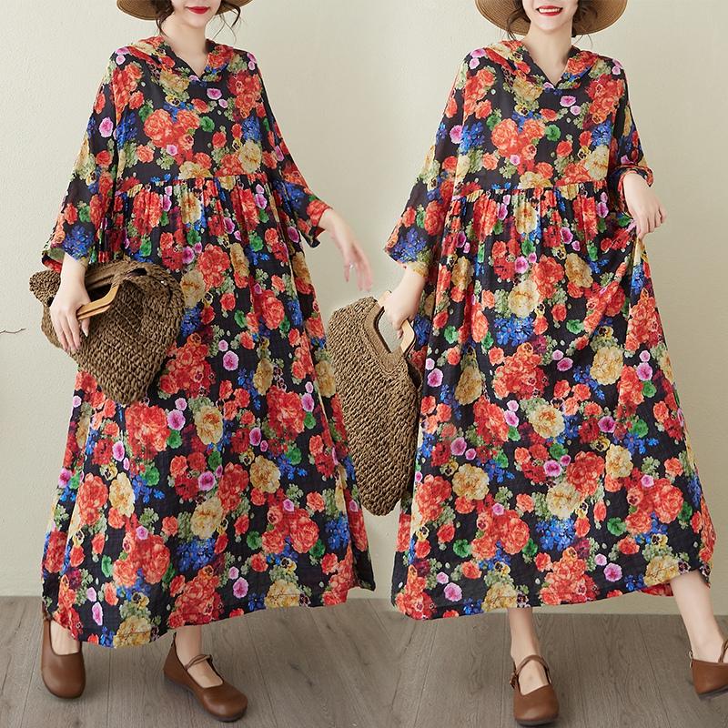 DIMANAF 2025 Sommer Damen Übergröße Basic Kleid Kapuze Plissee Lässig Lang Locker Vintage Blumenkleid Maxi