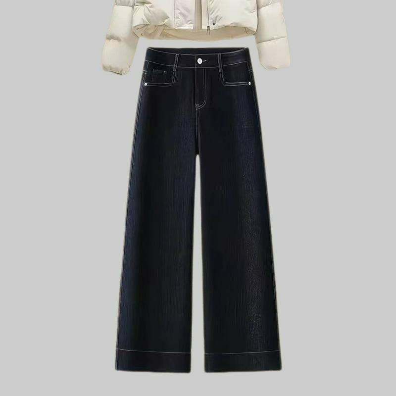 Frühling und Sommer Fett Mm Übergröße Dunkelblaue Jeans Weitbeinige Hosen Damen Locker Hohe Taille Retro Neun-Punkt Gerade Hosen