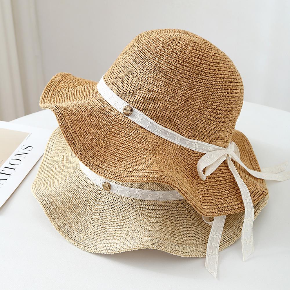 Large Brim Japanese Style Adult Bucket Hat Summer Women's Sun Protection Foldable Hats with White Ribbon Bow Outdoor Applicable