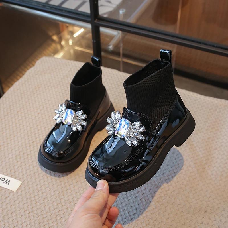 Rhinestone Girls Shoes Children's Leather Boots Autumn Winter Baby Fashion Anti-Slippery Rubber Sole Footwear Zapatos De Niña