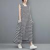 Echter Spot Sommer Neu Schwarz-Weiß Gestreift Mittel und Lang Ärmellos Locker Altersreduzierend A-förmiger Rock Übergröße Kleid