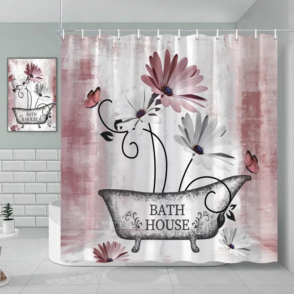 

Watercolor Floral Shower Curtain Wooden Butterfly Daisy Rustic Blue Flower Farmhouse Wooden Vintage Farm Bathroom Decoration 90x180cm-35x70in