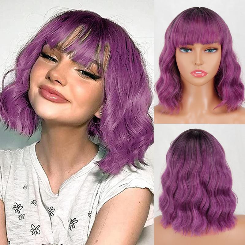 MERISIHAIR Women Short Bob Natural Wavy Pink Wig with Bangs Synthetic Fiber Short Water Wave Wig Daily Wear Cosplay