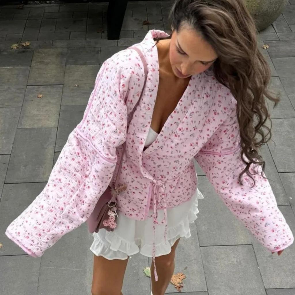 VAYLA Floral Printed Women's Cardigan Cute Lace up Pink Women Coat Casual Loose Autumn Warm Coats Fashion New Ladies Coats Outerwear
