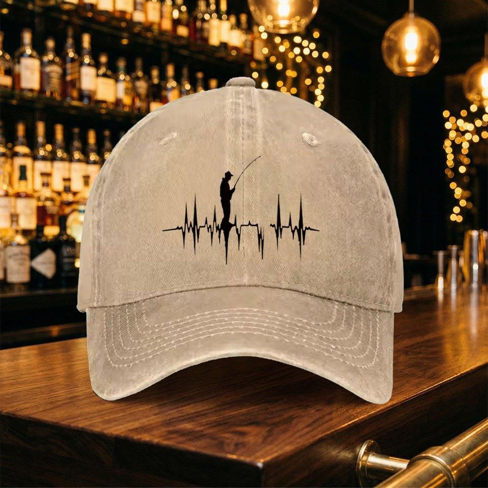Vintage Washed Baseball Cap With Ecg Fishing Print Lightweight Mens Duckbill Hat