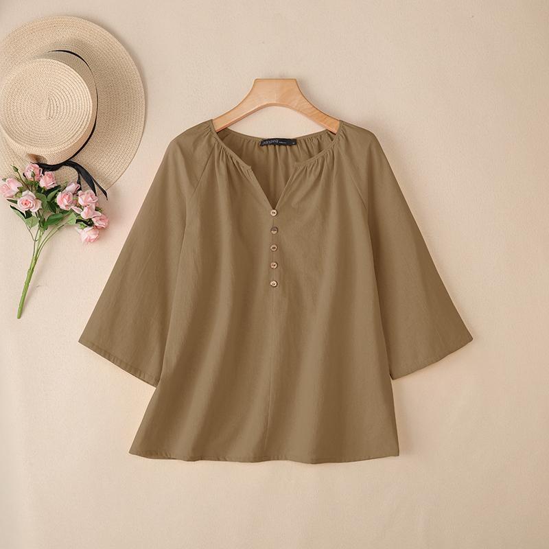 ZANZEA Lässige Damenbluse mit Rundhalsausschnitt und 3/4-Ärmeln, lockere Baumwollbluse