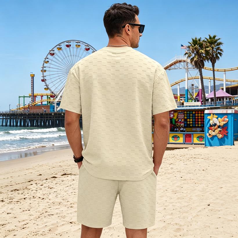 Men Waffle Grid Textured 2 Piece Outfits, Crew Neck Short Sleeve T‑Shirt Drawstring Elastic Waist Shorts Casual Summer Track Suit Set Multiple Colors