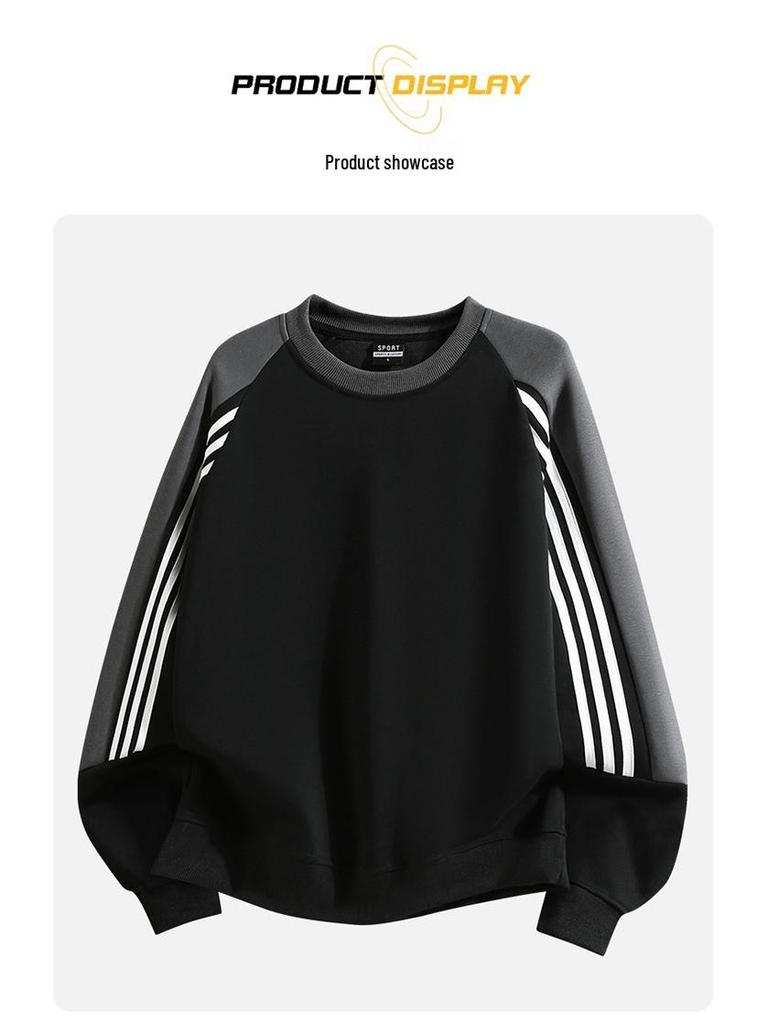 2025 Unisex Fleece-Lined Sweatshirt Set: High Street Three Stripes, Round Neck, Autumn/Winter Warmth