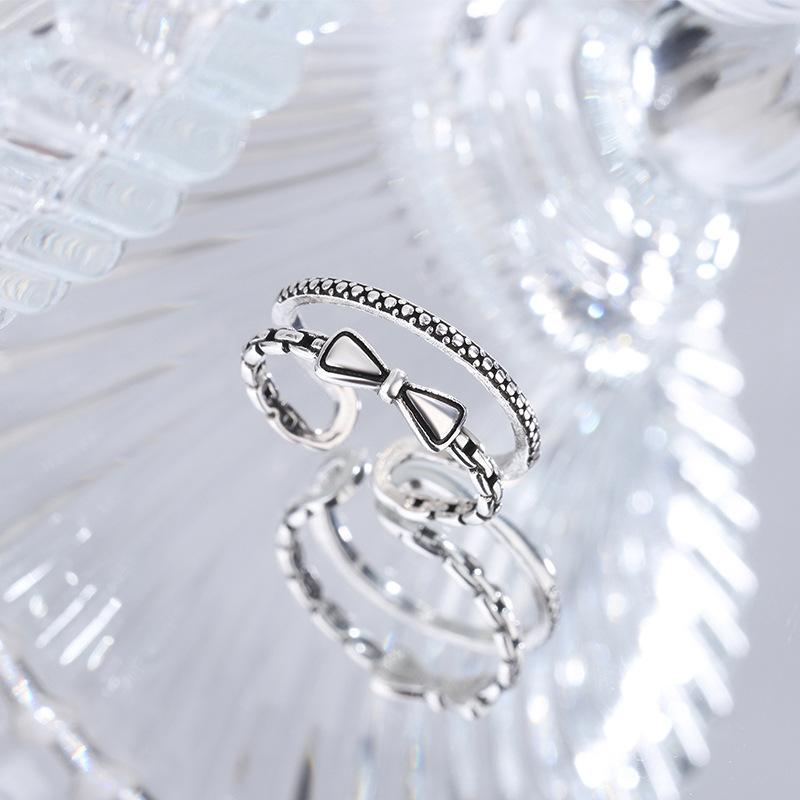 New Retro Chain Double Bow 925 Sterling Silver Temperament Personality Sweet Hot Girl Opening Rings TYB022