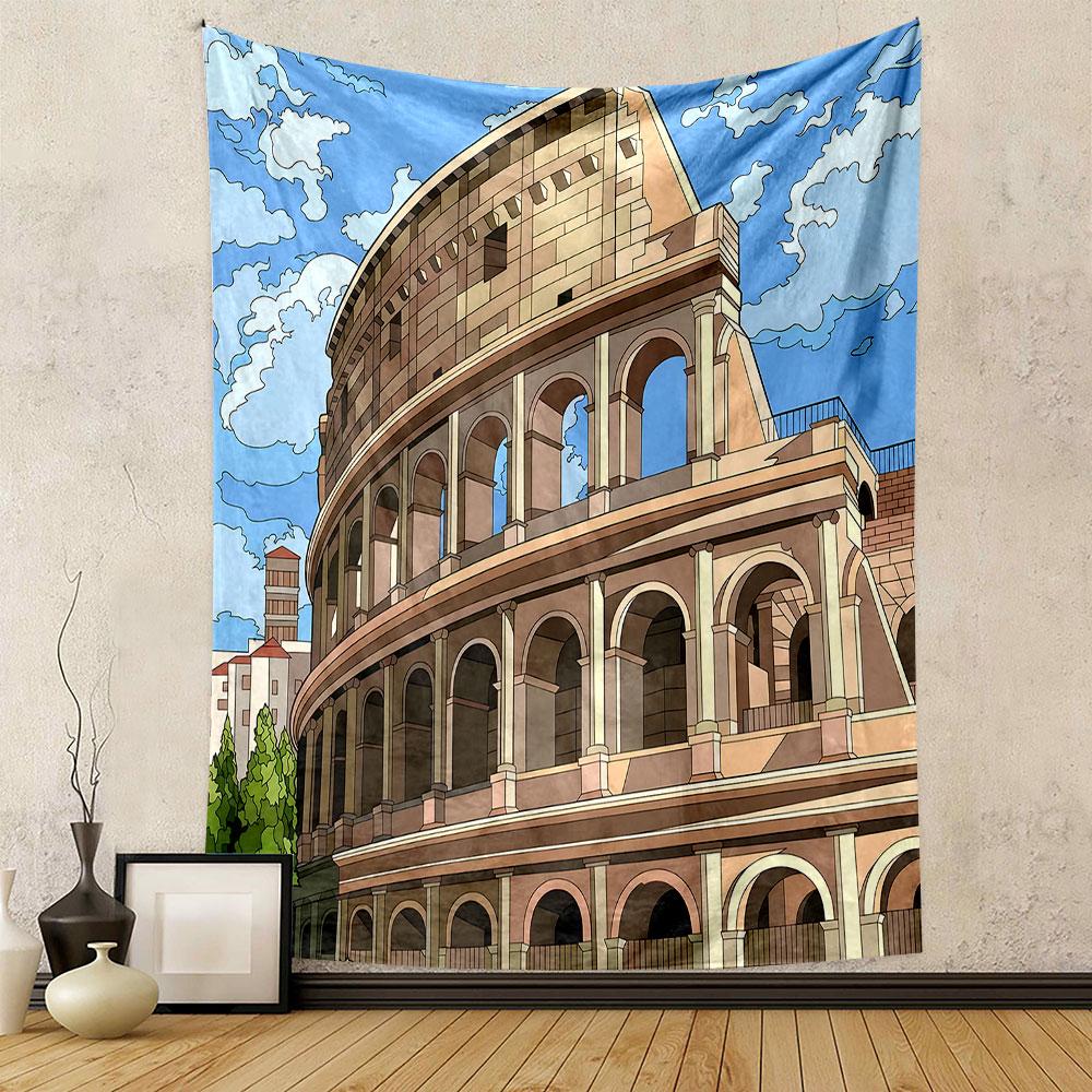 Roman Colosseum Cartoon Illustration Patterned Tapestry Decorative Wall Hanging, Home Bedroom Living Room Decor