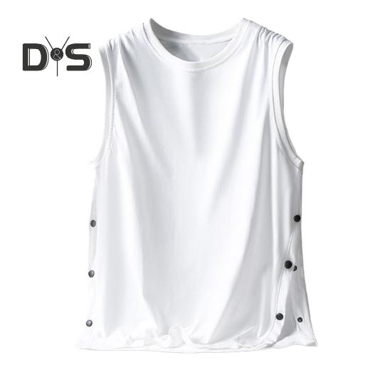 Men Vest Sleeveless Round Neck Loose Fit Tank Tops with Side Buckles Closure Solid Color Casual Tops Summer Wear