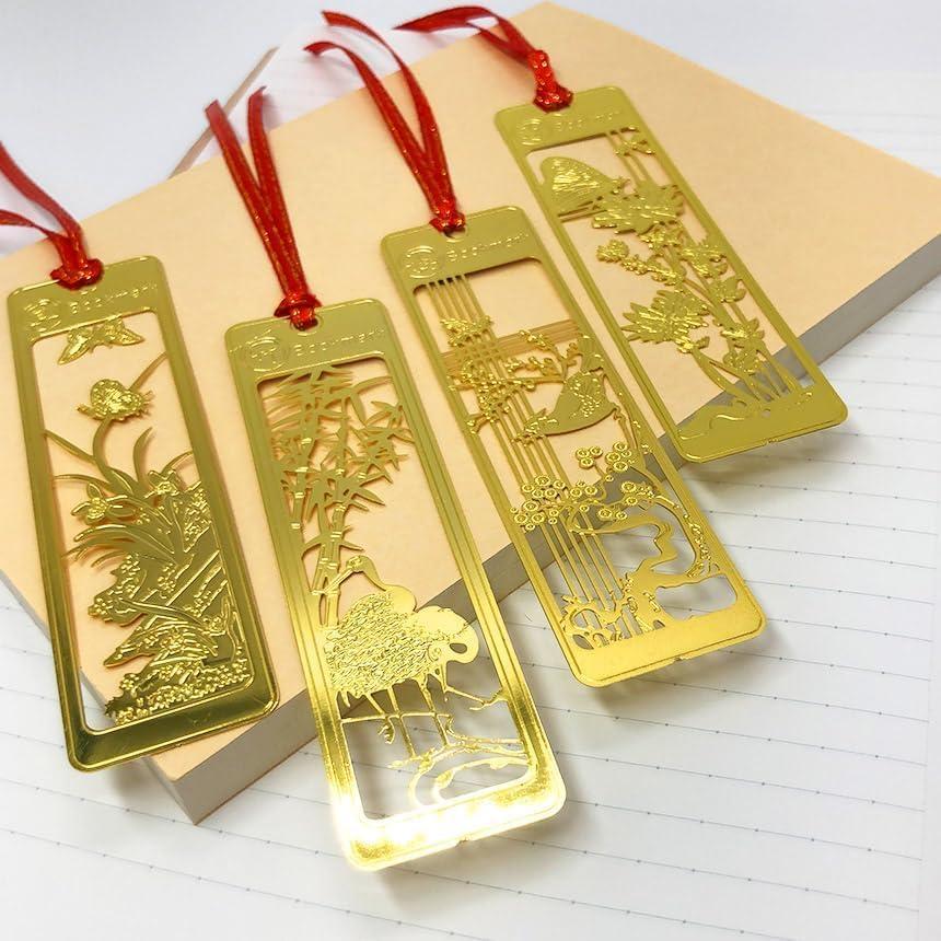 YRCR Plum Orchid Bamboo Chrysanthemum Hollow Carved Metal Bookmarks, Vintage Traditional Style Stainless Steel Bookmarks, Set of 4 (Plum, Bamboo,