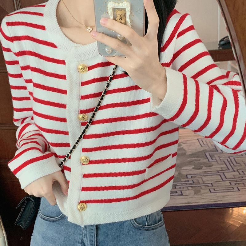 Pruhovaný kulatý výstřih Pletený cardigan s dlouhým rukávem Žena Volný Krátký svetr Kabát Ženy Běžné