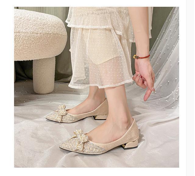 French Pointed Head Shallow Mouth Single Shoes Women's Thick Heel Non-slip Spring 2025 New Soft Sole Low Heel Ladyshoes Bridesmaid Crystal Shoes