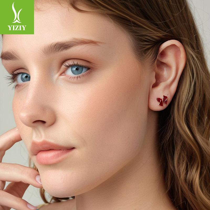 Burgunder Schleifenstecker Exquisit und Elegant S925 Sterlingsilber Hongkong Stil Stecker