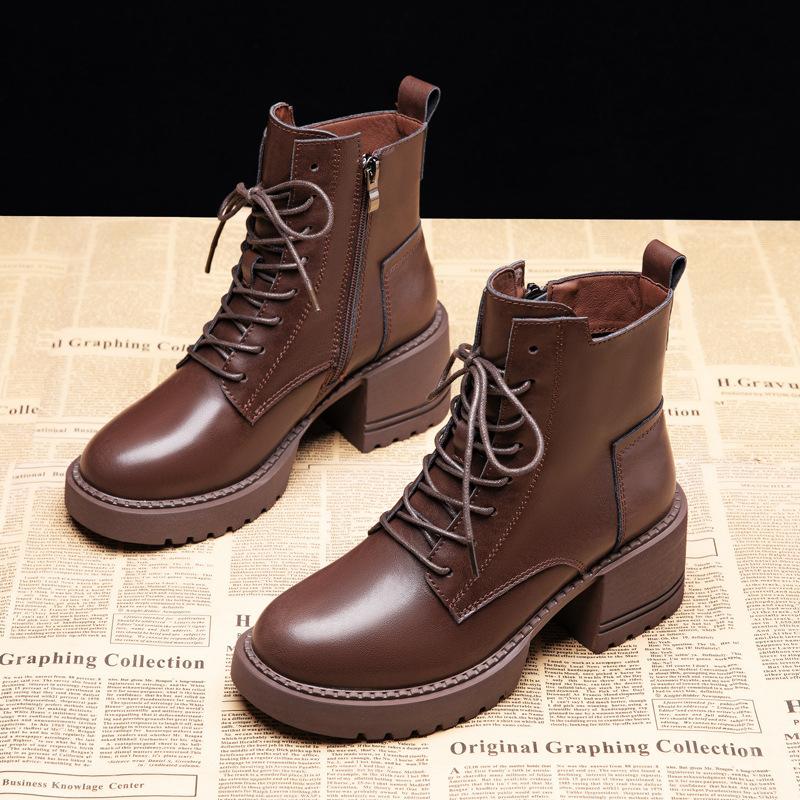 Leather Platform Martin Women's New British Style Women's High-heeled Thick-heeled Short Spring and Autumn Single Winter Velvet