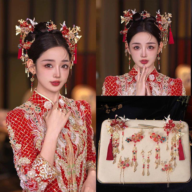 Chińska biżuteria ślubna na głowę: 2025 Spinka do włosów z Koroną Feniksa i Frędzlami do Sukni Smoka i Feniksa.