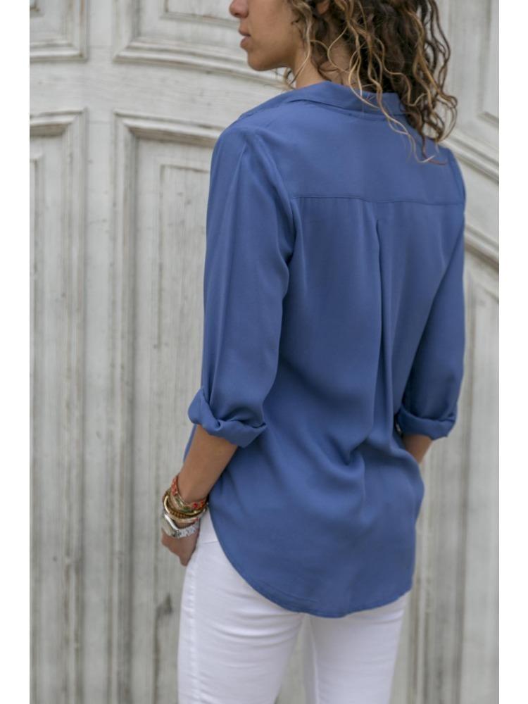 Women's Deep V Neck Long Sleeve Chiffon Shirt Solid Color Spring Summer Top