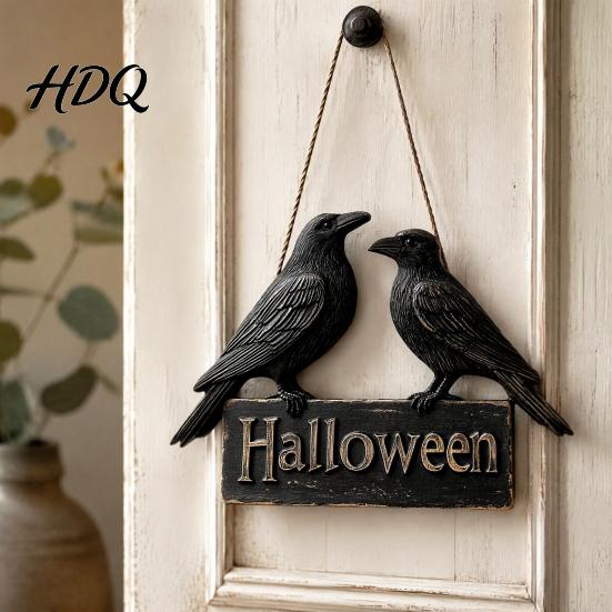 Creative Halloween Gifts Crow Welcome Sign for Front Door, Gothic Black Raven Wooden Wall Hanging Indoor Outdoor Door Hanger Plaque, 2D Flat