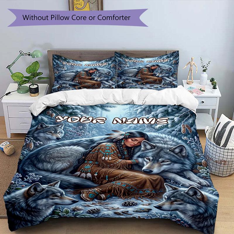 3PC Custom Name Wolf Spirit Connection Bedding Set Duvet Cover Closure Includes 1 Duvet Cover & 2 Pillowcases for Bedroom