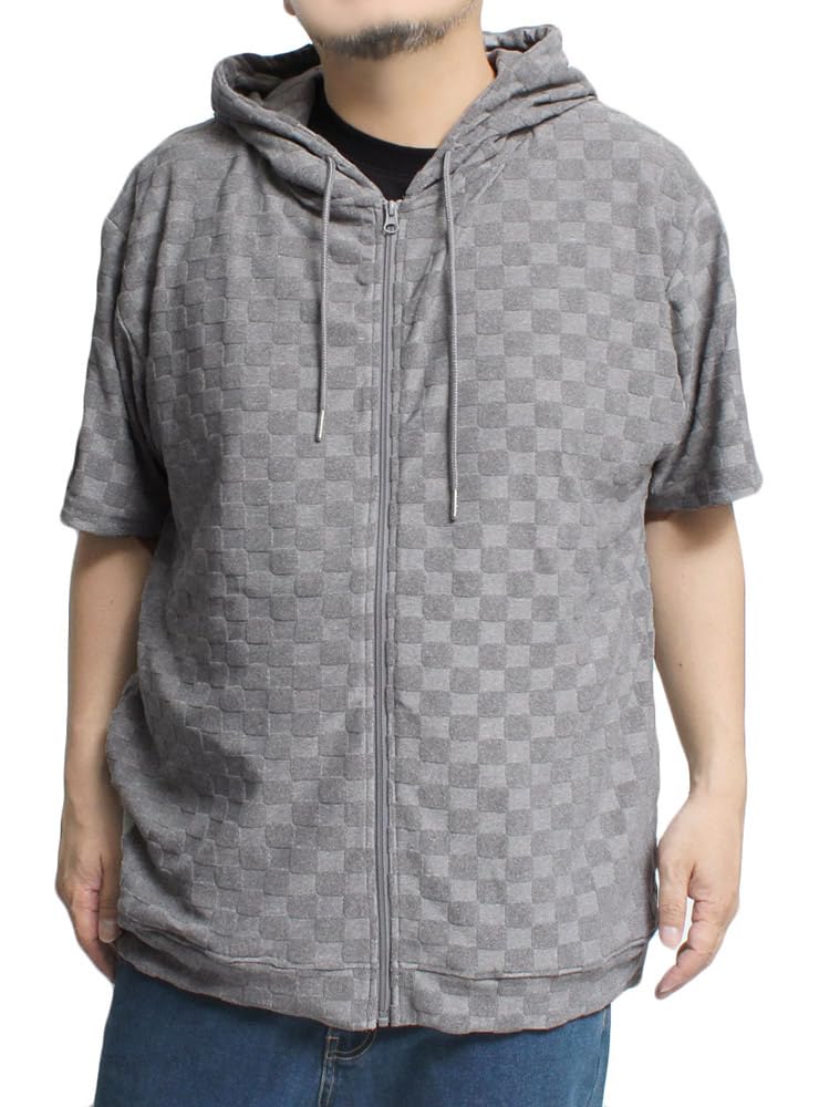 

One Colors Men s Short Sleeve Hoodie, Plaid Tile Jacquard Zip-Up Blouson, Size 2L, Gray (04)