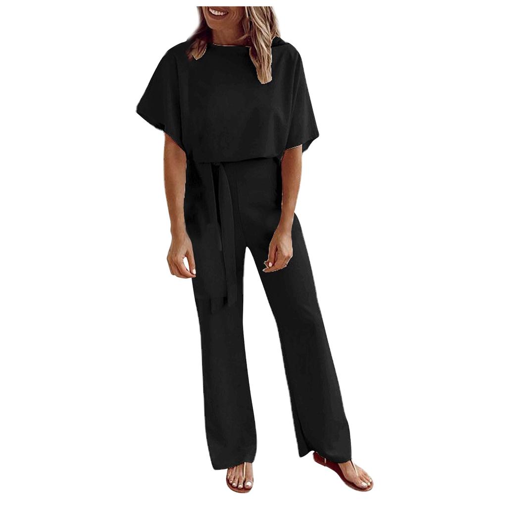 Women Fashion Leisure Solid Color Lace-Up Short Sleeves Female Jumpsuit