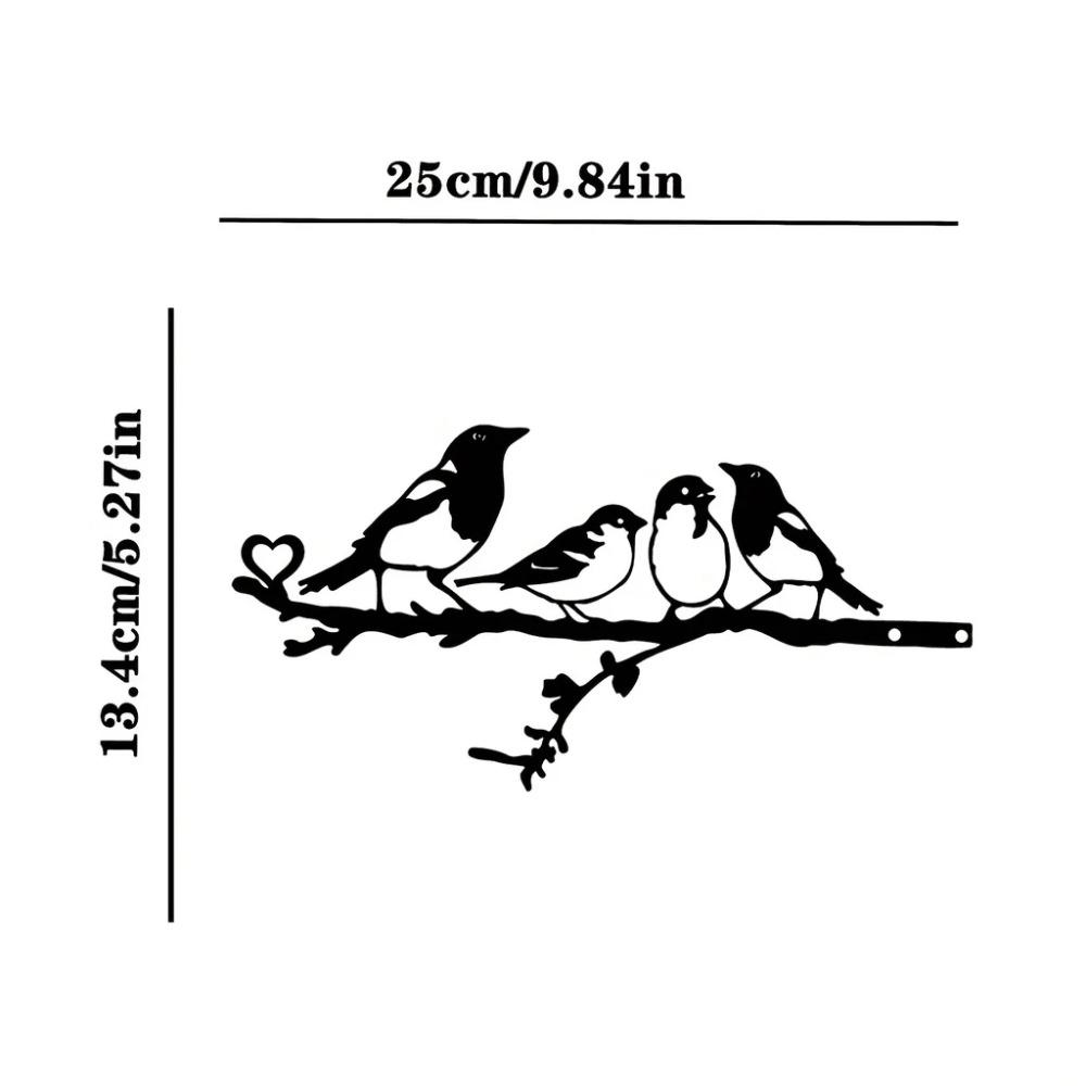 Four Birds On Branch Steel Silhouette Metal Wall Art for Home, Garden, Yard, and Patio. Perfect Outdoor Statue Stake Decoration