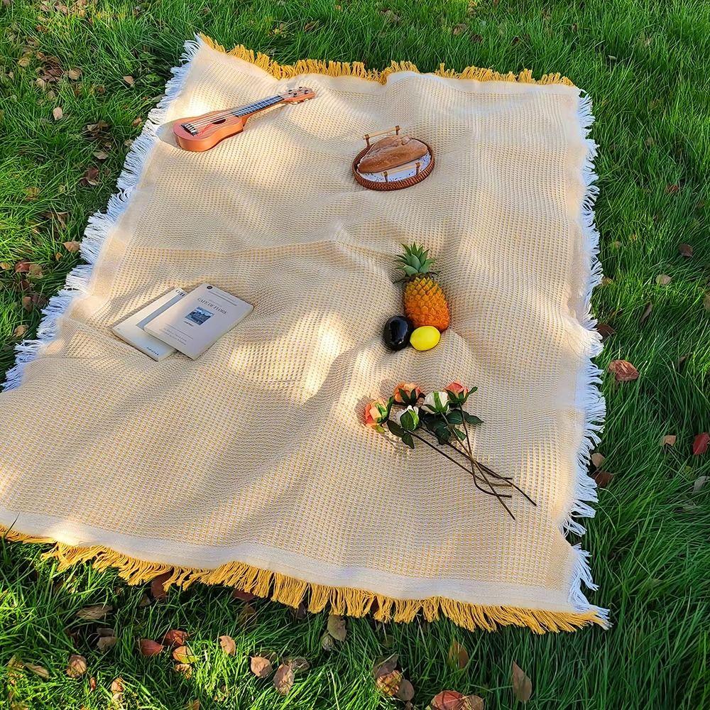With Tassel Waffle Weave Tablecloth Thickened Outdoor Lawn Floor Mat  Outdoor