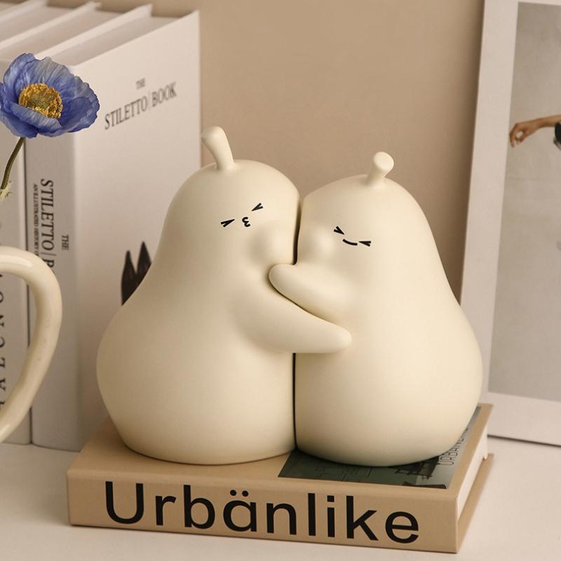 Set of 2 Cute Hugging Pear Ceramic Bookends, Heavy Duty Book Stopper for Home Office Desk Decor, Aesthetic Room Ornament , Gift