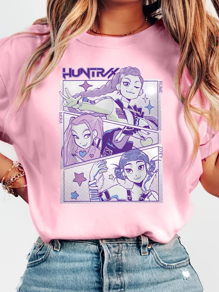 Women's Casual Short Sleeve T-shirt Kpop Huntrix Anime Graphic Print Regular Fit Round Neck Top All-season Comfort Lightweight