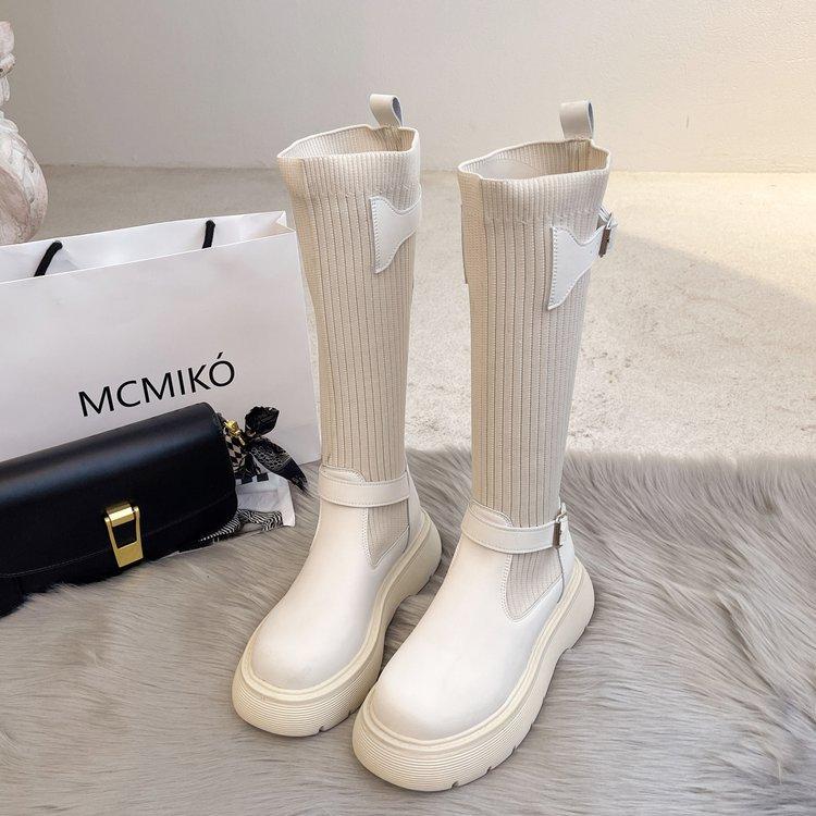 

Мода 2025Сапоги Женские Новые Вязаные Эластичные Сапоги Ретро На Толстой Подошве Женские Высокие Сапоги До Колена Элегантные и Женская обувь 40