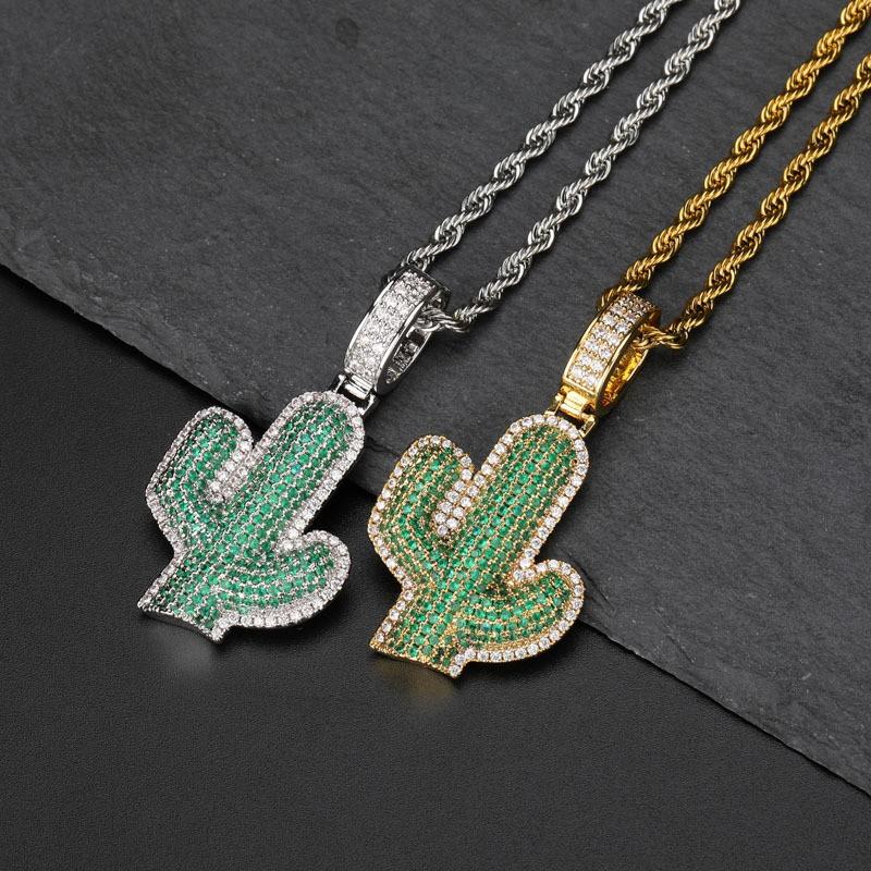 Cactus Shaped Hip Hop Pendant Full Zircon Necklace Men Women Trendy Jewelry Gift