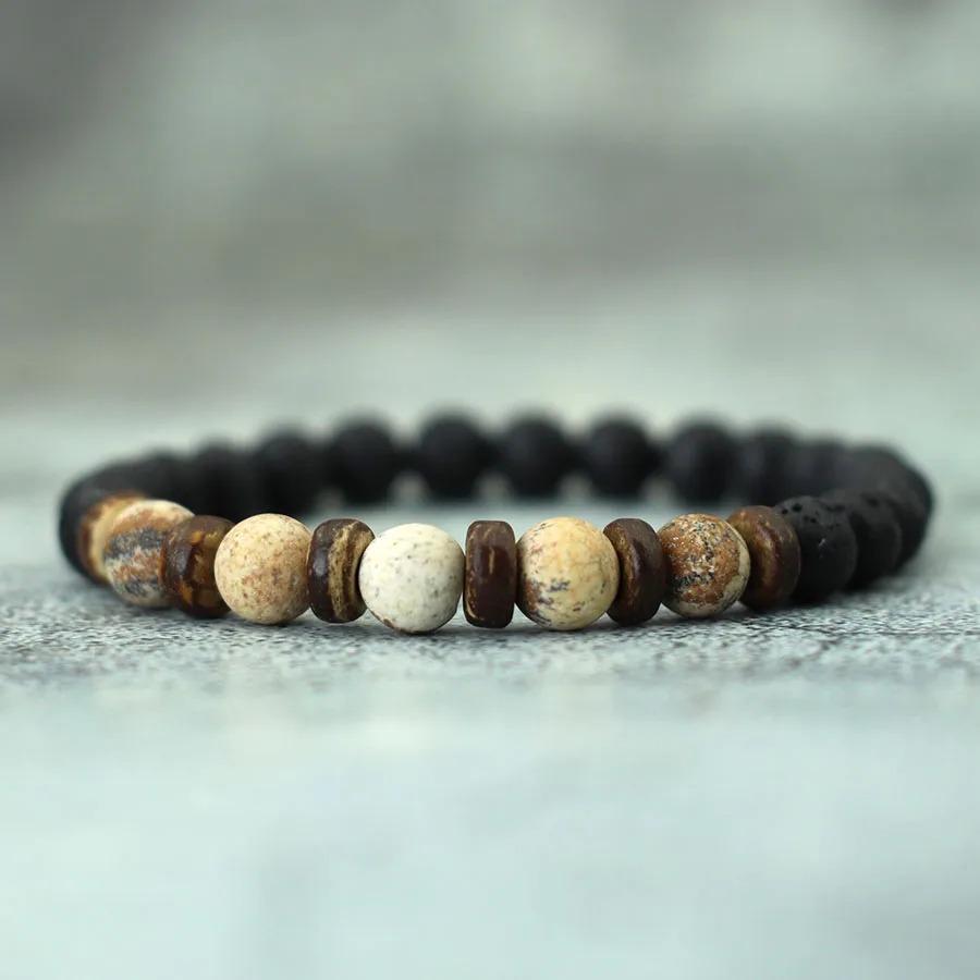 New Natural Wooden Bracelet For Men Meditation Braslet Volcanic Rock Braclet Gemstone Stretch Beaded Brazalete Pulsera