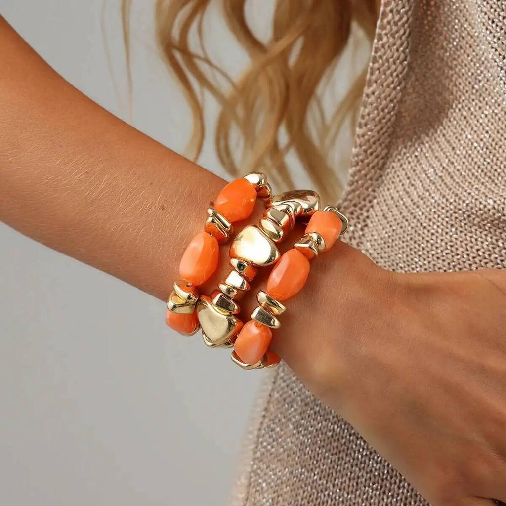 KunJoe 3Pcs/Set Trendy Irregular CCB Beaded Chain Link Resin Bracelets for Women Boho Multilayer Elastic Bangles Jewelry On Hand
