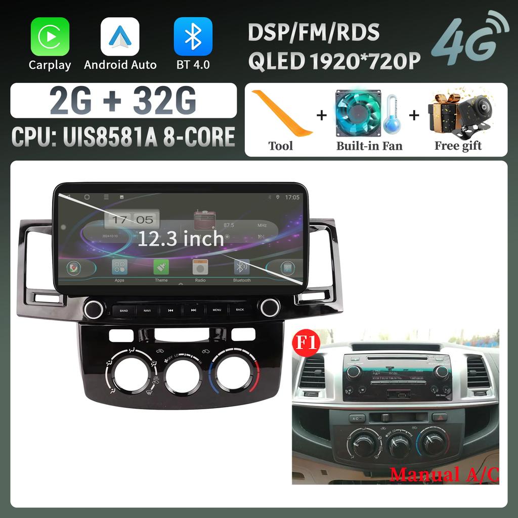 12.3″Car Radio Multimedia 4G GPS For Toyota Hilux 2005-2014 Android 14 Navigation Wireless Carplay Bluetooth Touch Screen