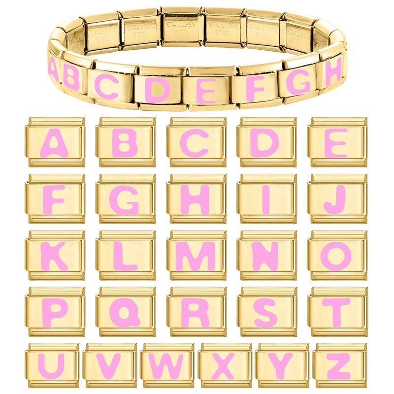 Vintage Y2K Pink 26 English Letters Gold Color Italian Charm Links Fit 9MM Bracelet Stainless Steel Making DIY Christmas Gifts