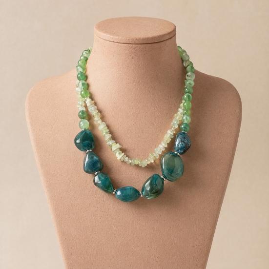 Doppellagige Kieskette, Halskette mit verstellbarer Kettenlänge, Mehrschichtige klobige grüne Perlenkette Schmuck für Damen