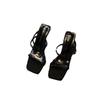 Square Head Open-toed Simple Word Diagonal Belt Temperament High-heeled Sandals Girl Wearing Fashion Fairy Thin Heel Half Slippers