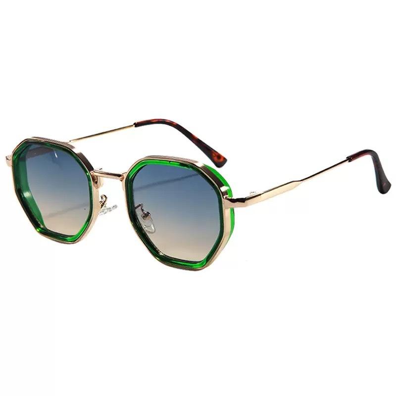 Two Tone Hexagonal Sunglasses Green Trim Gold Metal Frame Gradient Blue Lens Women Fashion Shades