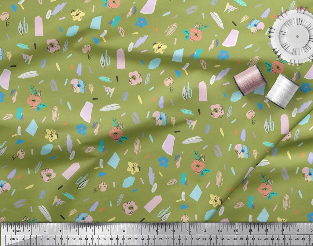 Soimoi Green Japan Crepe Satin Fabric Brush Stroke & Artistic Floral Print Fabric by the Metre 42 Inch