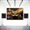 Golden Masquerade Mask Tapestry, Black Background with Feathers, Carnival Party Decor