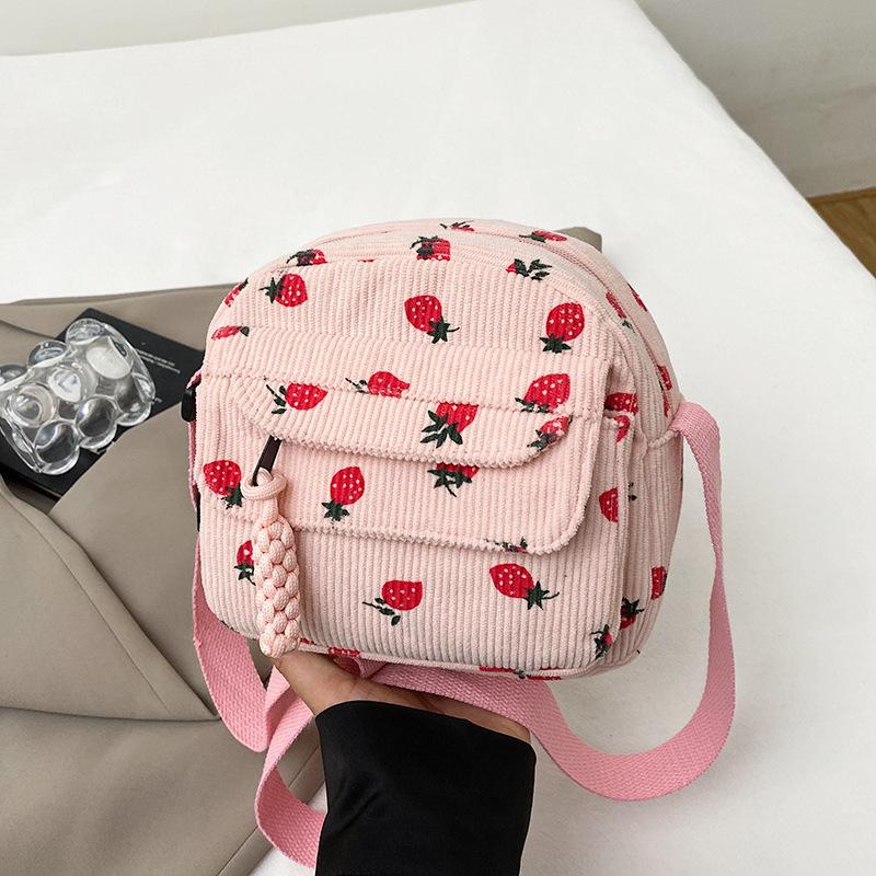 Pink Strawberry Print Corduroy Mini Backpack Cute Small Crossbody Bag With Woven Strap Daily Shopping Fashion Purse