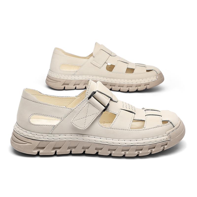 

Модные новые летние кожаные мужские сандалии Модная дышащая повседневная обувь Мужские сандалии с мягкой подошвой для улицы и пляжа Римские шлепанцы Большой размер 46 38 бежевый