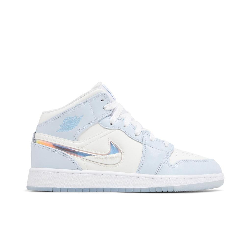 Air Jordan 1 Mid SE Grade School 'Glitter Swoosh' (Unisex) Blue Tint / Summit White / White / Ice Blue Kids' Basketball Shoes FQ9117 400
