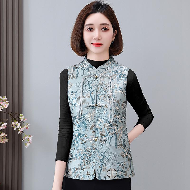 

Women s Retro Tang Suit Sleeveless Vest with Frog Buttons - Spring Fashion 4XL светло-синий